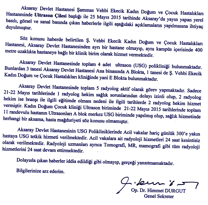 ULTRASON ÇİLESİ HABERLERİ İLE İLGİLİ AÇIKLAMA